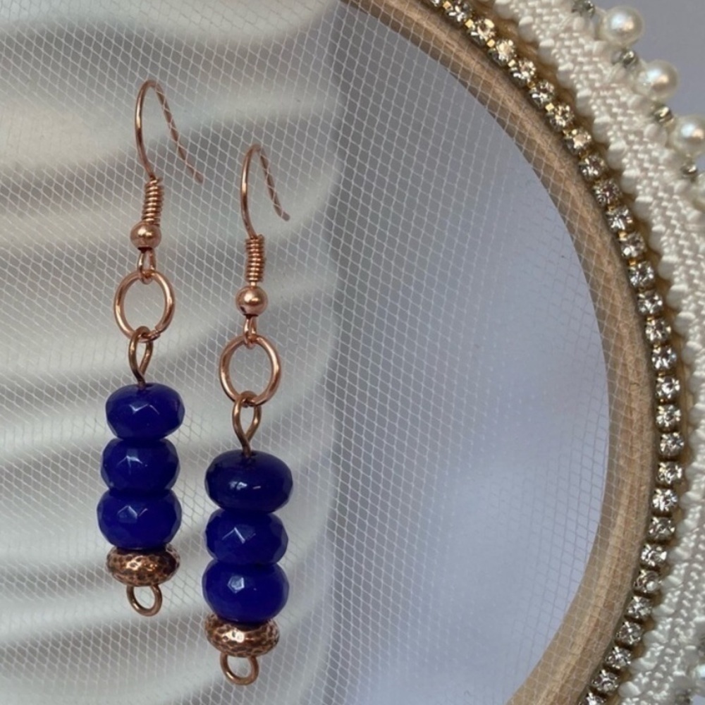Artisan Copper and Navy Blue Jade Earrings - Picture 9 of 9